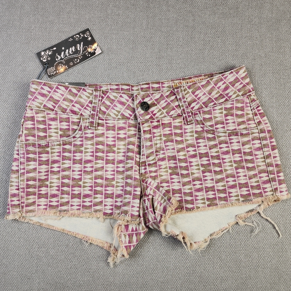 NWT SIWY Camilla Low Rise Cut Off Denim Shorts Purple Pattern Size 24
